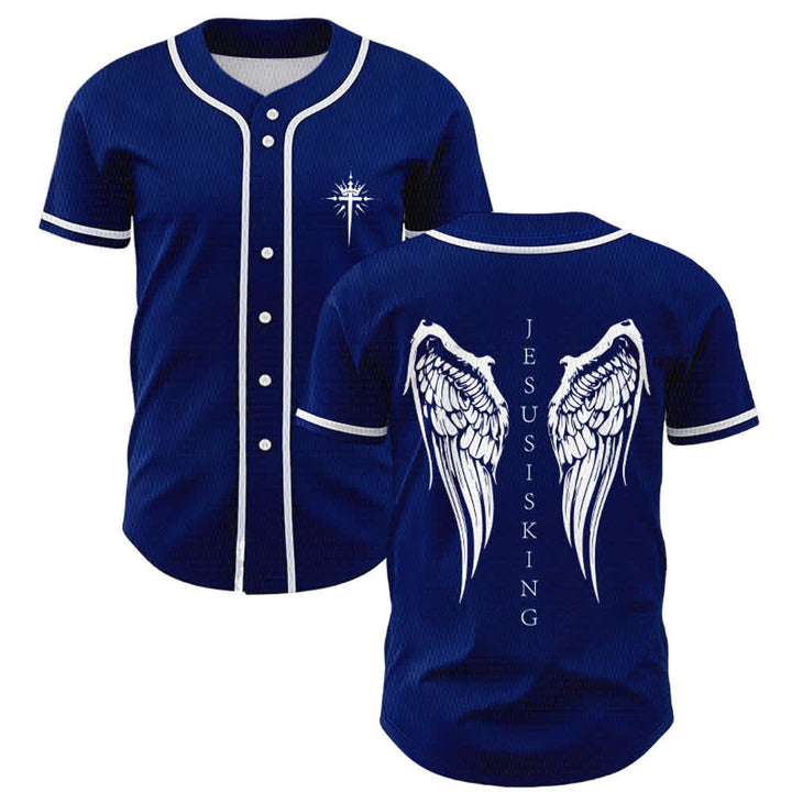 Christianartworkshop Gesù è Re Ali d'angelo Croce Dichiarazione di fede Maglia da baseball personalizzata - Blu navy - 5XL - image 7