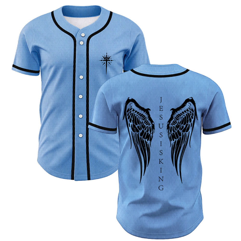 Christianartworkshop Gesù è Re Ali d'angelo Croce Dichiarazione di fede Maglia da baseball personalizzata - Blu - 5XL - image 42