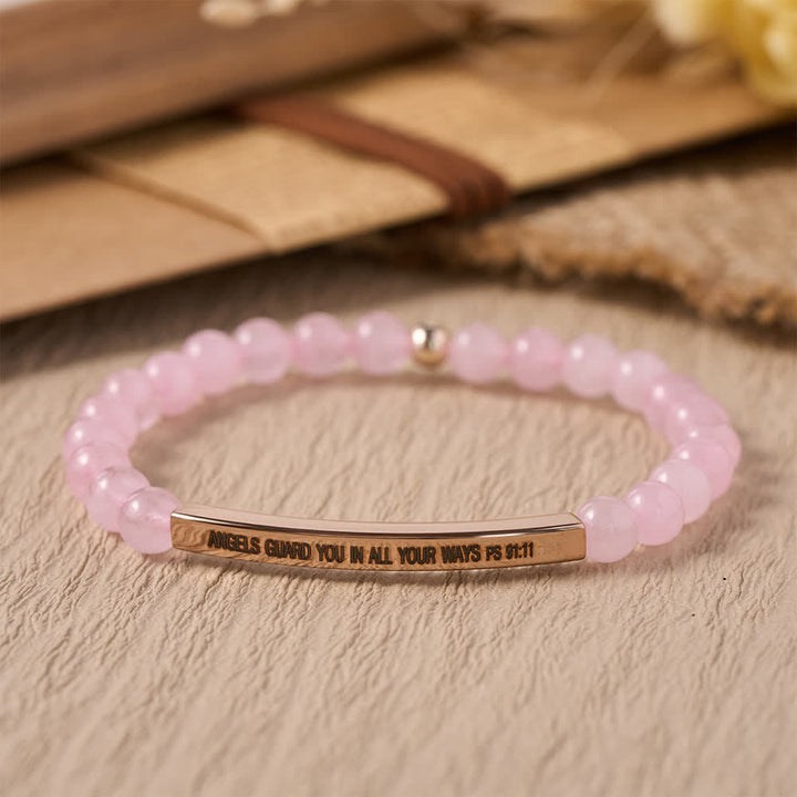 Christianartworkshop Bracciale elastico con barretta curva incisa e perline, con versetto del Salmo 91:11 "Gli angeli ti custodiscono in tutte le tue vie". - Gli angeli ti proteggano in tutte le tue vie - image 0