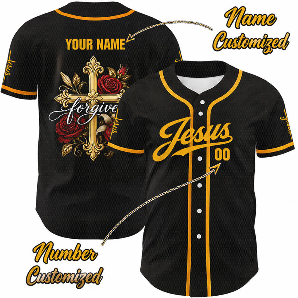 Christianartworkshop Maglia da baseball unisex personalizzata con croce dorata e rosa rossa "Gesù perdona" - 5XL - Nome & Numero personalizzati - image 0