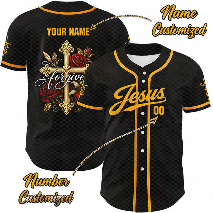 Christianartworkshop Maglia da baseball unisex personalizzata con croce dorata e rosa rossa "Gesù perdona" - 5XL - Nome & Numero personalizzati - image 0