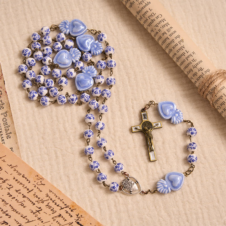 Rosario in ceramica con Sacro Cuore, smalto lucido, con medaglione raffigurante il Sacro Cuore, Christianartworkshop. - image 11