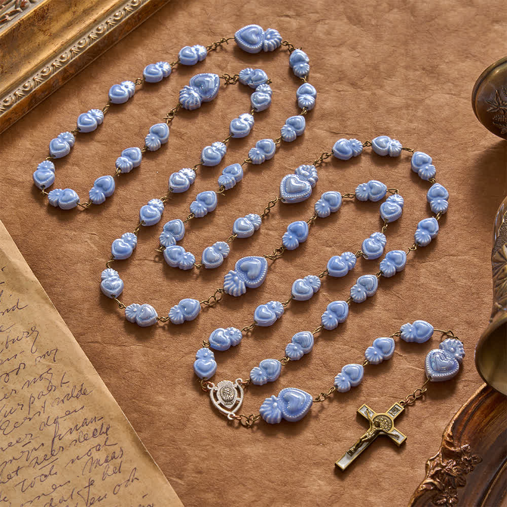 Christianartworkshop: Rosario in ceramica con Sacro Cuore in porcellana con decorazioni floreali e crocifisso smaltato. - Rosario con grani del Sacro Cuore - image 8