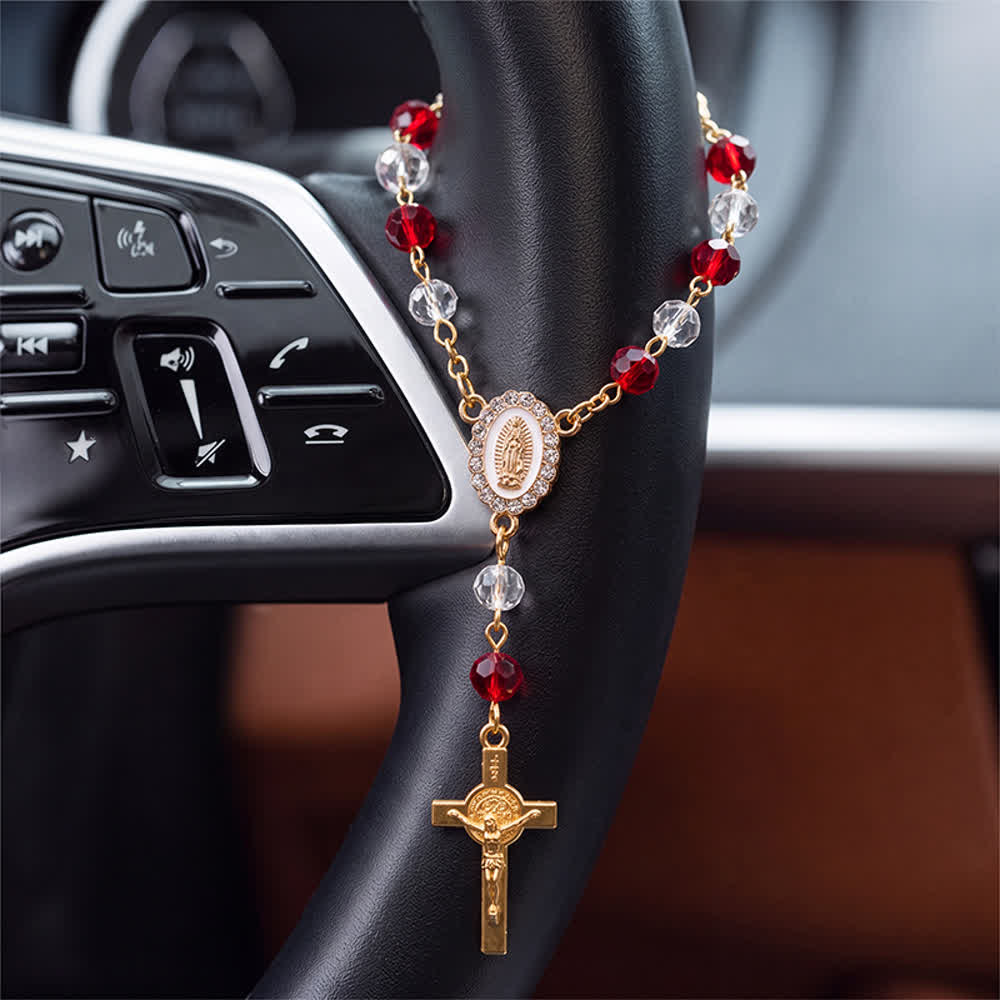 Christianartworkshop Ovale Sacro Ritratto della Madonna Crocifisso con perline multicolore Ciondolo da appendere in auto: un promemoria della misericordiosa protezione divina in ogni viaggio - Rosso - image 1