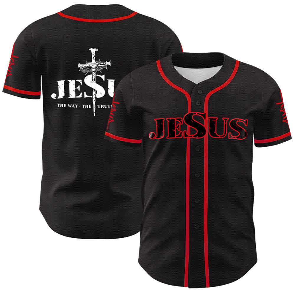 Christianartworkshop Maglia da baseball con croce di Gesù, chiodo e corona di spine - Nero - Rosso - 5XL - image 7