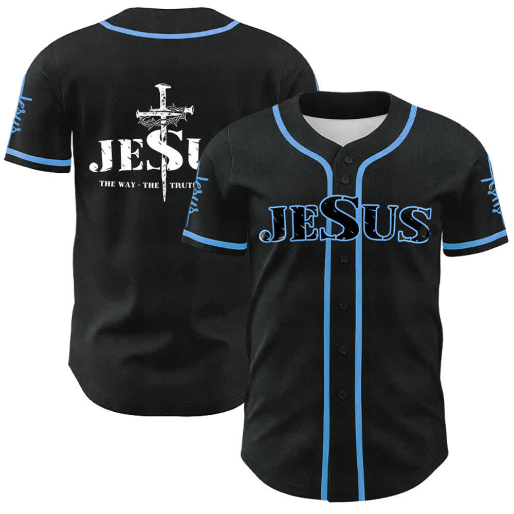 Christianartworkshop Maglia da baseball con croce di Gesù, chiodo e corona di spine - Nero - Blu celeste - 5XL - image 16