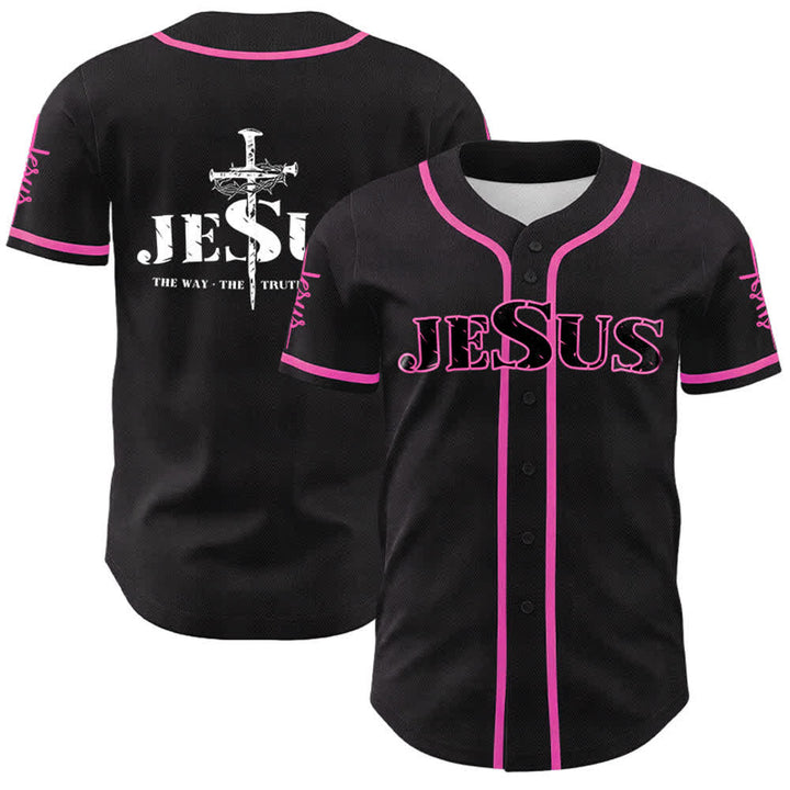 Christianartworkshop Maglia da baseball con croce di Gesù, chiodo e corona di spine - Nero - Rosa - 5XL - image 19