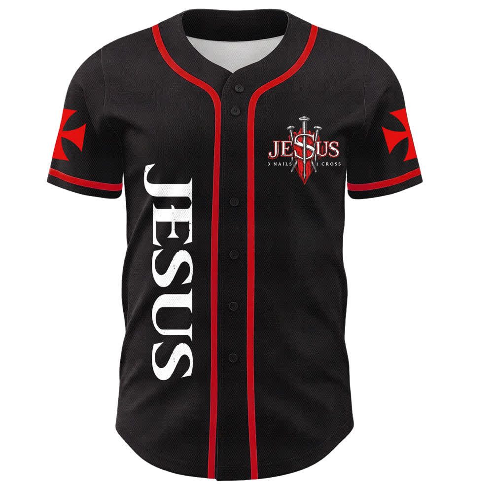 Christianartworkshop Emblema frontale verticale di Gesù con croce e chiodi, sul retro ritratto del Leone di Giuda con fulmine, maglia da baseball con bottoni - image 1