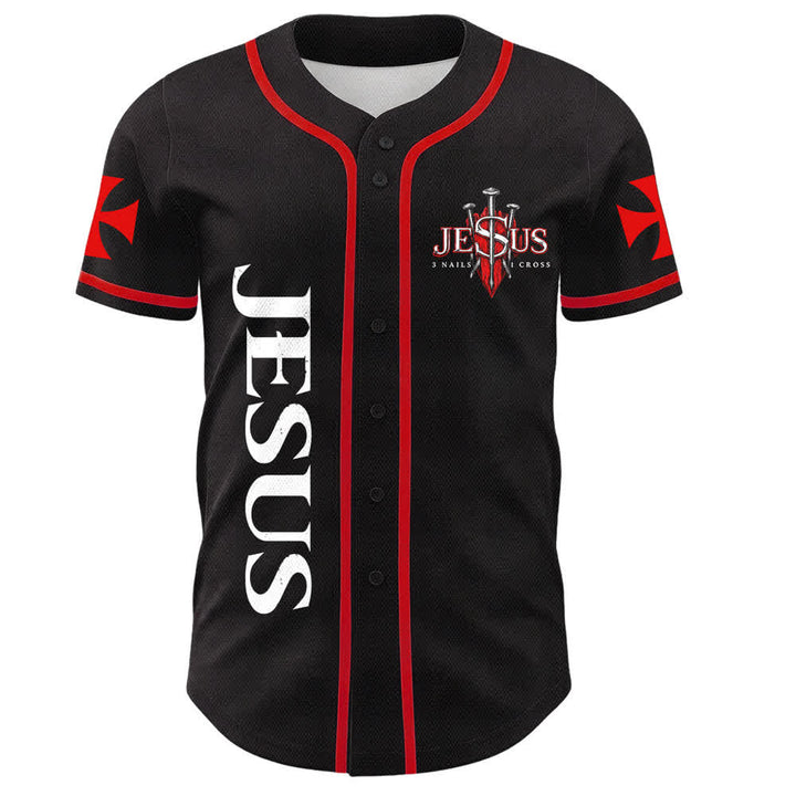 Christianartworkshop Emblema frontale verticale di Gesù con croce e chiodi, sul retro ritratto del Leone di Giuda con fulmine, maglia da baseball con bottoni - image 1