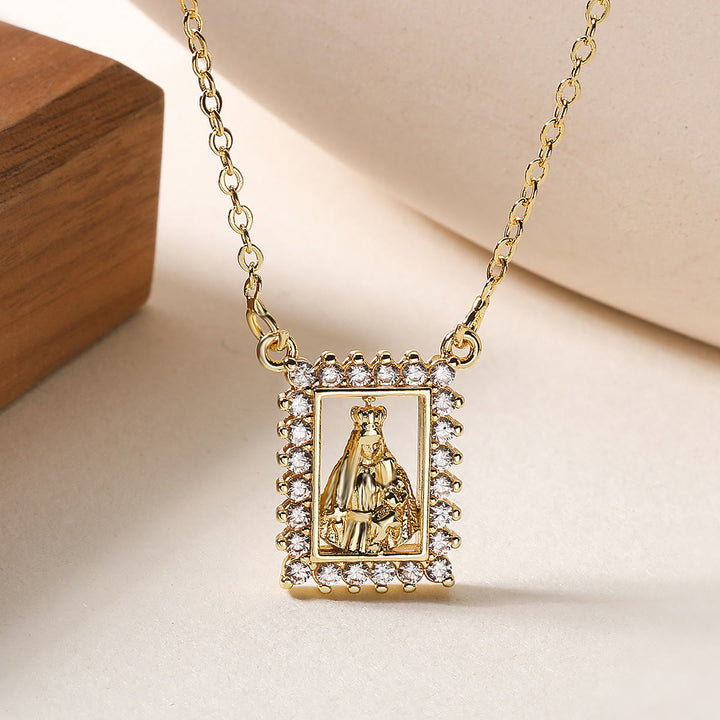 Christianartworkshop Collana con ritratto sacro incorniciato da zirconi: emblema di dolce protezione celeste. - Nostra Signora - image 0