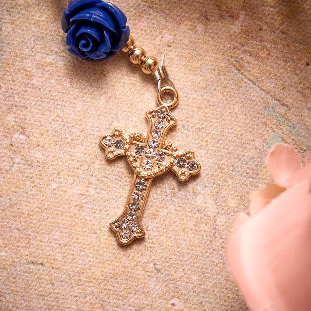 Christianartworkshop Rosario con perle di porcellana blu, ornamenti a forma di rosa blu e medaglia della Madonna di Aparecida. - image 7
