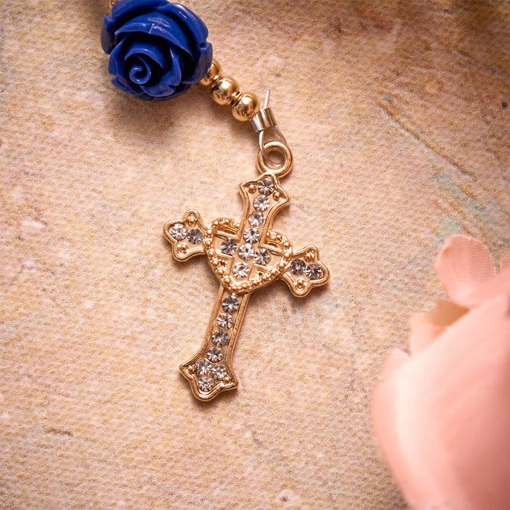 Christianartworkshop Rosario con perle di porcellana blu, ornamenti a forma di rosa blu e medaglia della Madonna di Aparecida. - image 7