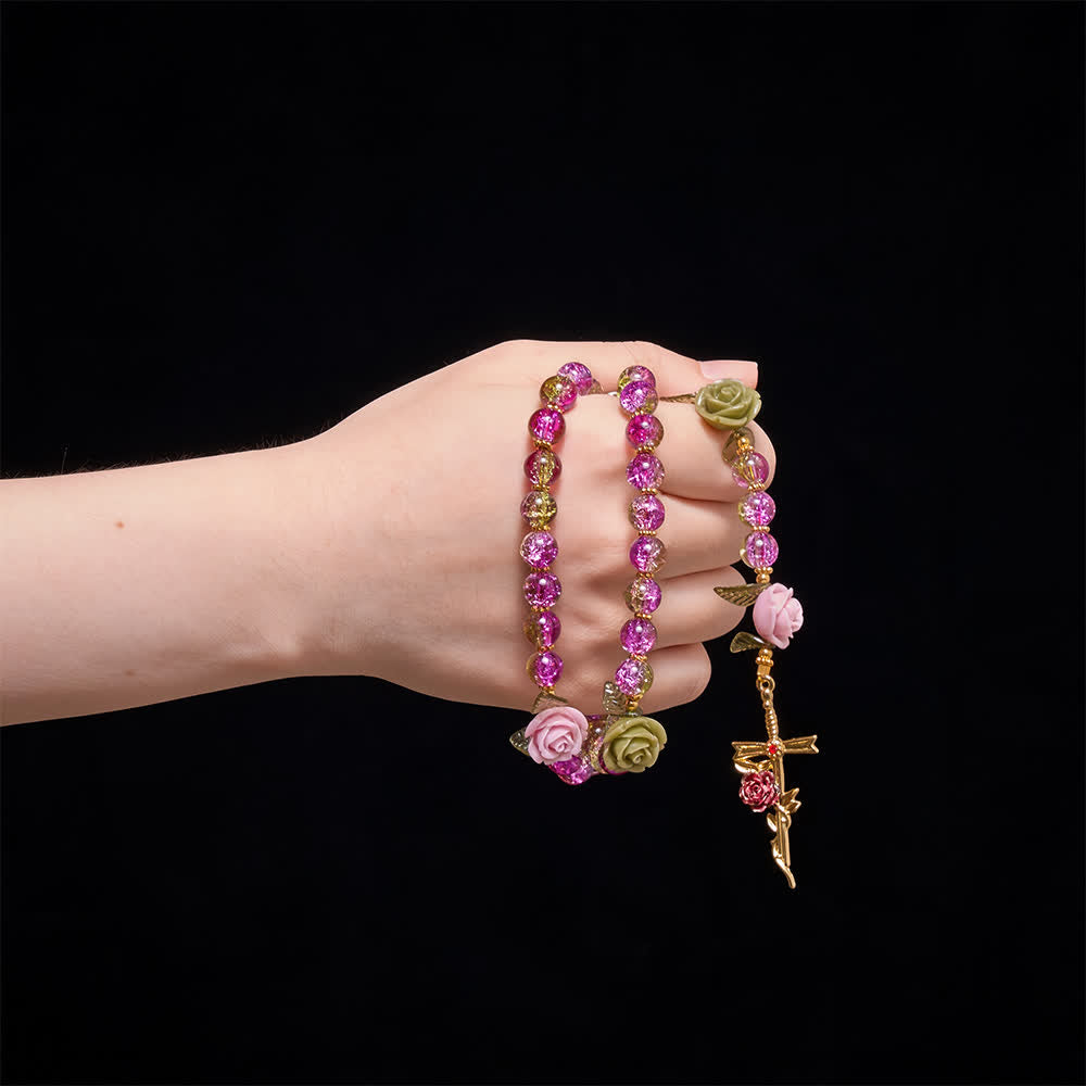 Christianartworkshop Rosario con croce della Madonna, perline di vetro sfaccettate rosa e verdi effetto craquelé, con motivo floreale a rosa. - image 1