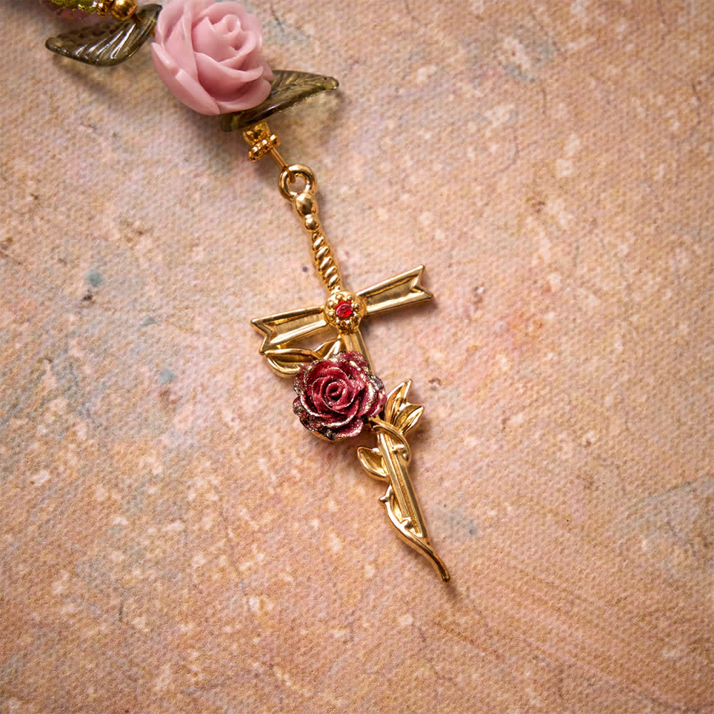 Christianartworkshop Rosario con croce della Madonna, perline di vetro sfaccettate rosa e verdi effetto craquelé, con motivo floreale a rosa. - image 5