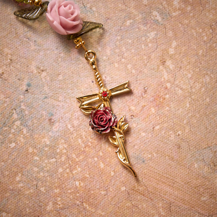 Christianartworkshop Rosario con croce della Madonna, perline di vetro sfaccettate rosa e verdi effetto craquelé, con motivo floreale a rosa. - image 5