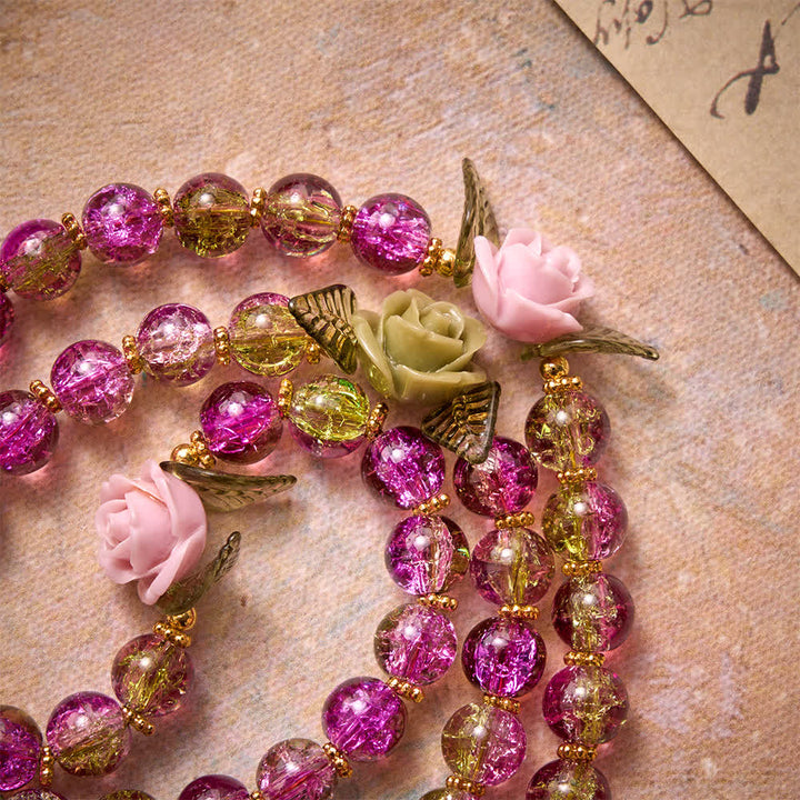 Christianartworkshop Rosario con croce della Madonna, perline di vetro sfaccettate rosa e verdi effetto craquelé, con motivo floreale a rosa. - image 6