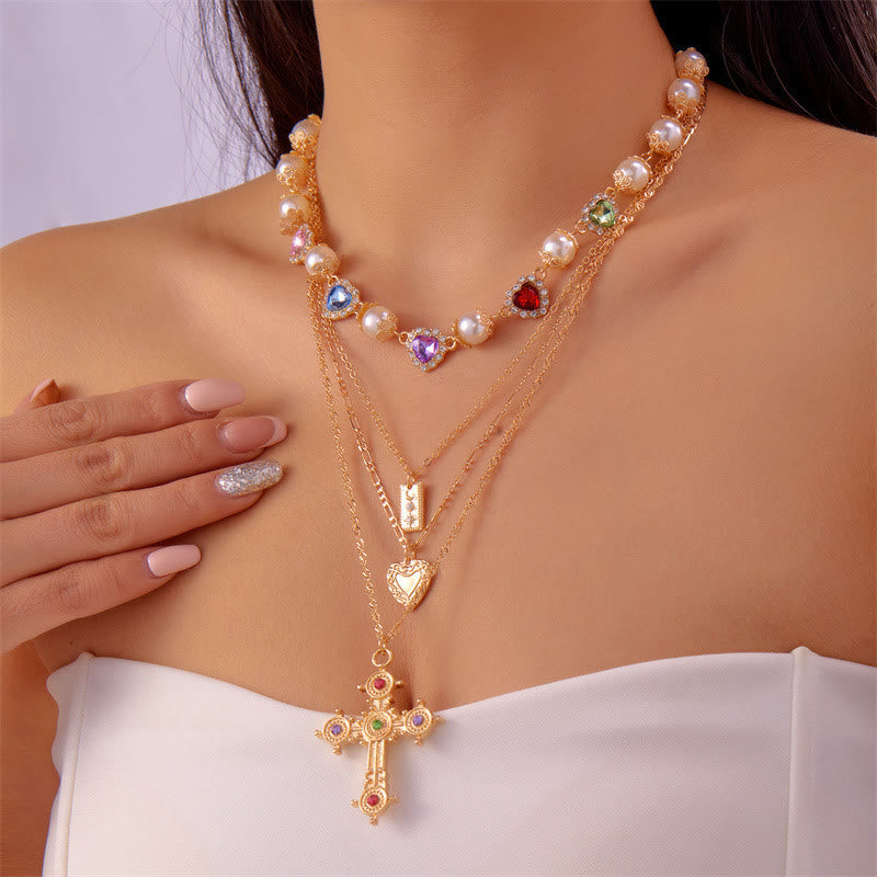 Christianartworkshop Collana vintage a strati con croce gioiello e cuore di perle: emblema di eterna misericordia celeste. - D'oro - image 0