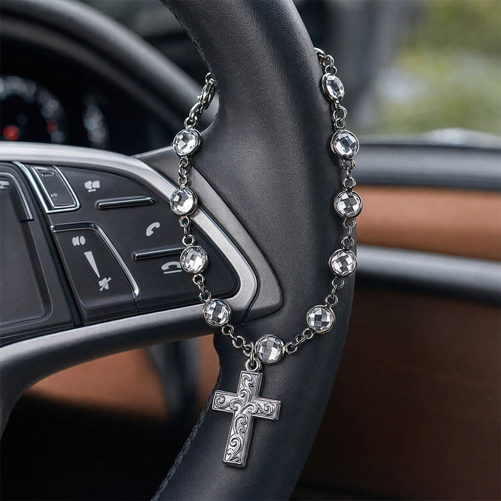 Christianartworkshop Braccialetto a croce con perline di strass e ornamento da appendere in auto: emblema di incrollabile protezione celeste - Argento  - image 0