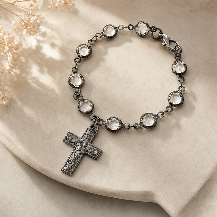 Christianartworkshop Braccialetto a croce con perline di strass e ornamento da appendere in auto: emblema di incrollabile protezione celeste - image 1