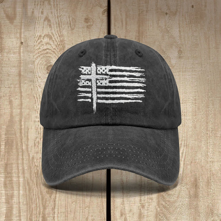 Christianartworkshop Cappello classico casual con croce ricamata e bandiera americana effetto invecchiato - La bandiera e la croce degli Stati Uniti - image 0