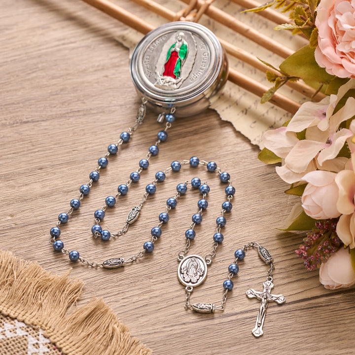 Christianartworkshop Rosario di Guadalupe con perle e astuccio inciso: simbolo di tenero conforto celeste - Scatola d'argento - Blu scuro - image 25