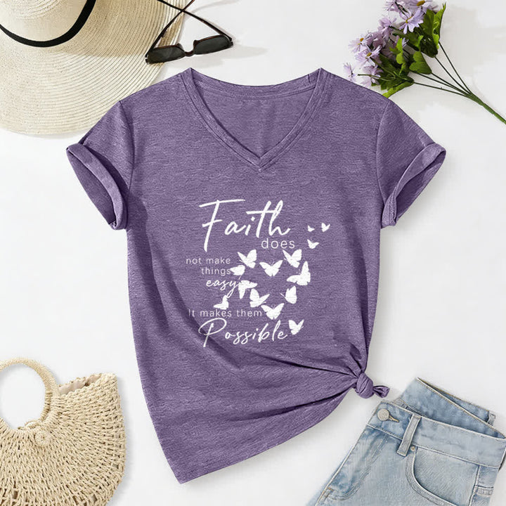 Christianartworkshop La fede non rende le cose facili T-shirt casual con scollo a V e stampa a farfalla. - Viola - 2XL - image 16
