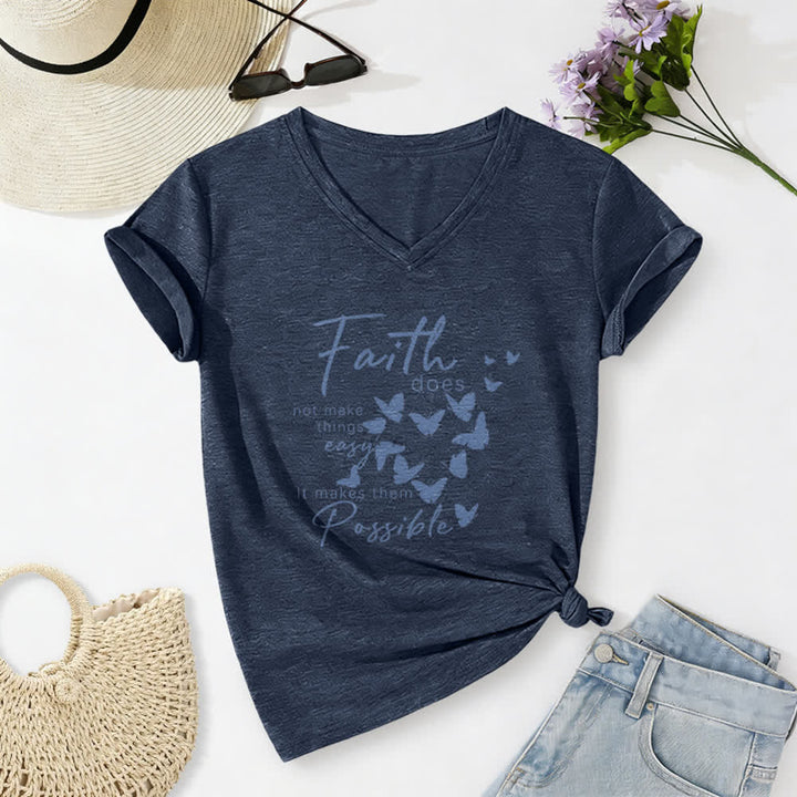 Christianartworkshop La fede non rende le cose facili T-shirt casual con scollo a V e stampa a farfalla. - Blu navy - 2XL - image 8