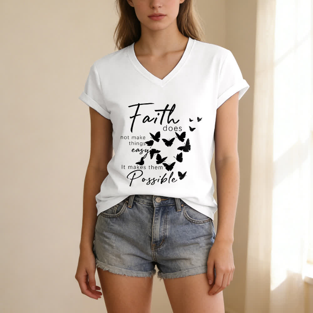 Christianartworkshop La fede non rende le cose facili T-shirt casual con scollo a V e stampa a farfalla. - image 3