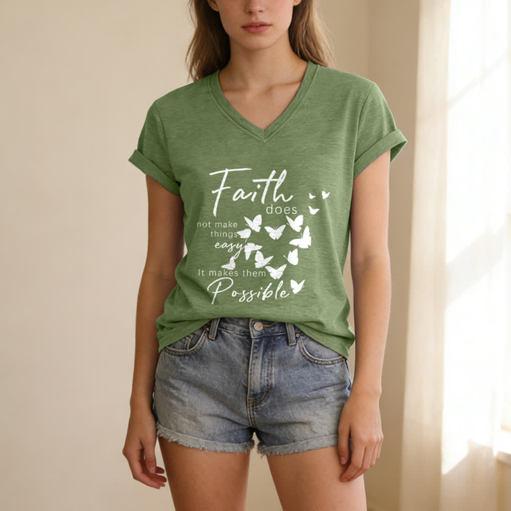 Christianartworkshop La fede non rende le cose facili T-shirt casual con scollo a V e stampa a farfalla. - image 7