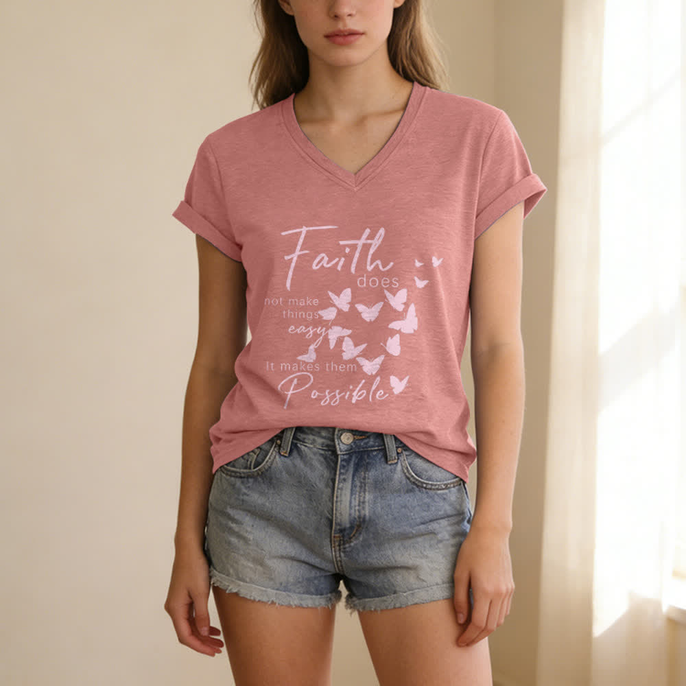Christianartworkshop La fede non rende le cose facili T-shirt casual con scollo a V e stampa a farfalla. - image 19