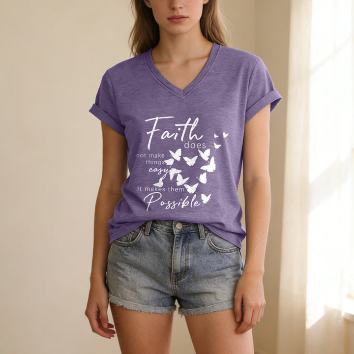 Christianartworkshop La fede non rende le cose facili T-shirt casual con scollo a V e stampa a farfalla. - image 17