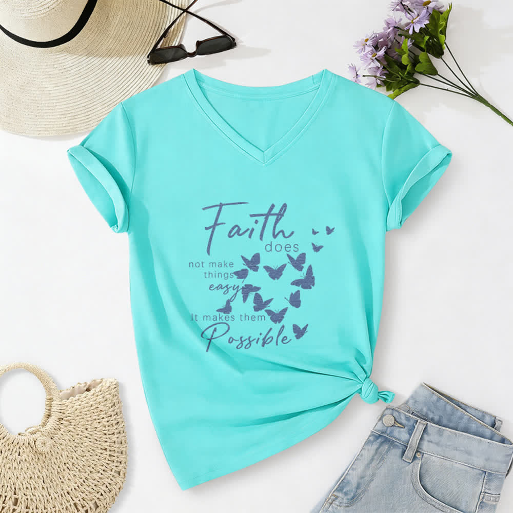 Christianartworkshop La fede non rende le cose facili T-shirt casual con scollo a V e stampa a farfalla. - Blu celeste - 2XL - image 20