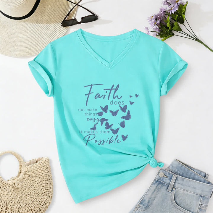 Christianartworkshop La fede non rende le cose facili T-shirt casual con scollo a V e stampa a farfalla. - Blu celeste - 2XL - image 20