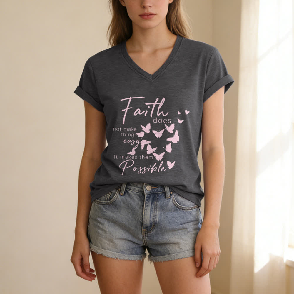 Christianartworkshop La fede non rende le cose facili T-shirt casual con scollo a V e stampa a farfalla. - image 5