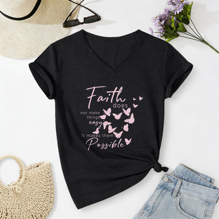 Christianartworkshop La fede non rende le cose facili T-shirt casual con scollo a V e stampa a farfalla. - Nero - 2XL - image 12
