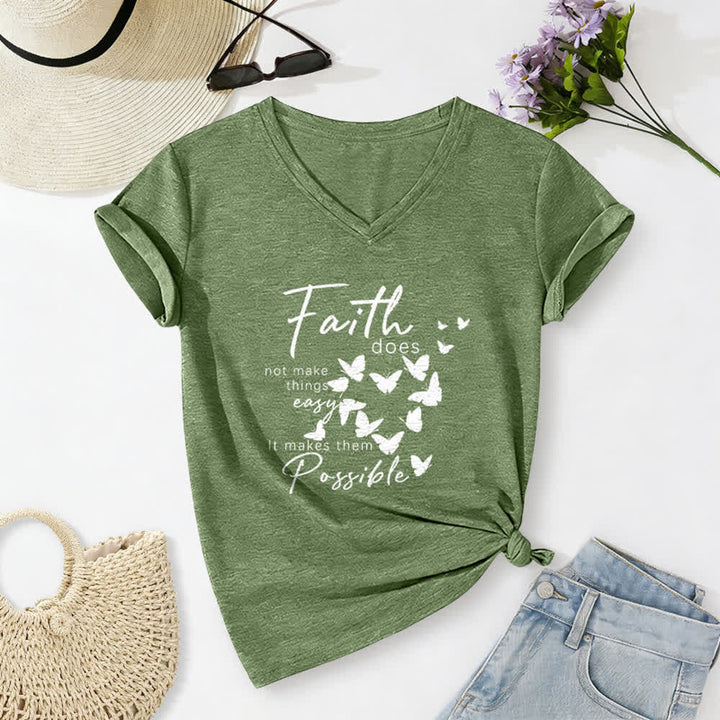 Christianartworkshop La fede non rende le cose facili T-shirt casual con scollo a V e stampa a farfalla. - Verde oliva - 2XL - image 6