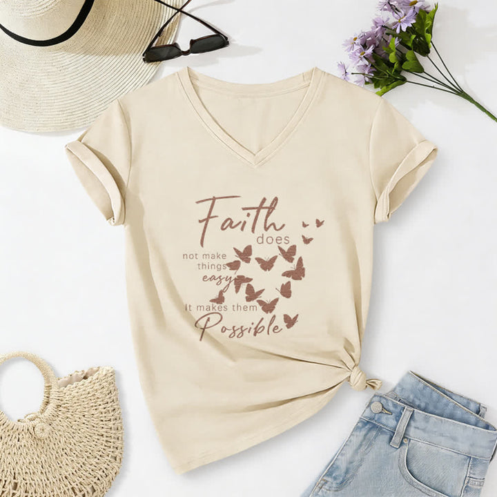 Christianartworkshop La fede non rende le cose facili T-shirt casual con scollo a V e stampa a farfalla. - Beige - 2XL - image 0