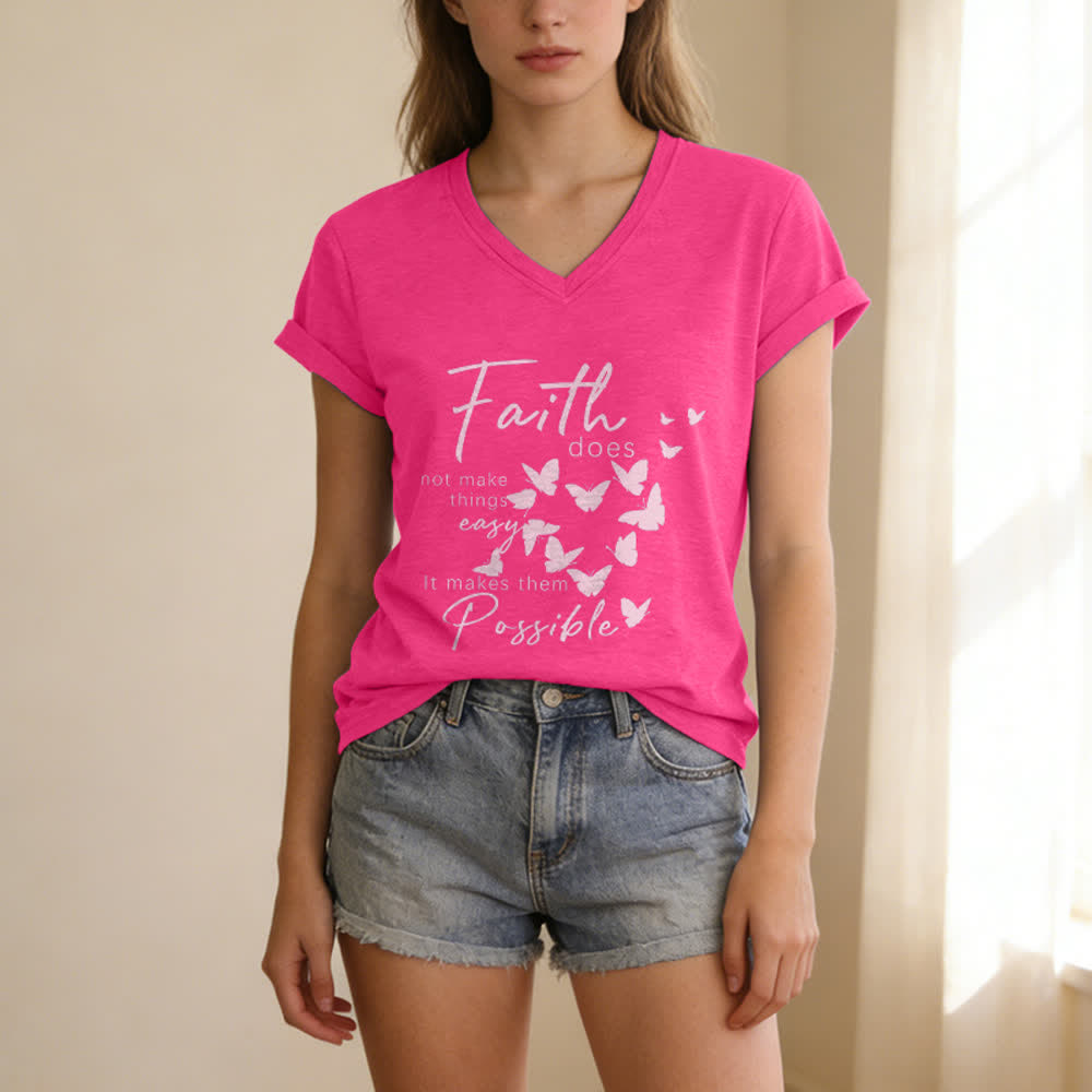 Christianartworkshop La fede non rende le cose facili T-shirt casual con scollo a V e stampa a farfalla. - image 23