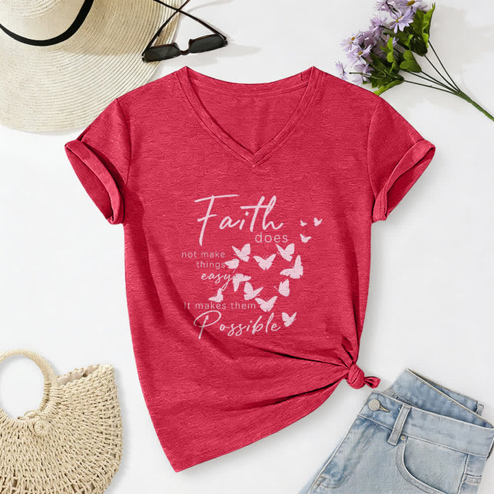 Christianartworkshop La fede non rende le cose facili T-shirt casual con scollo a V e stampa a farfalla. - Rosso - 2XL - image 14