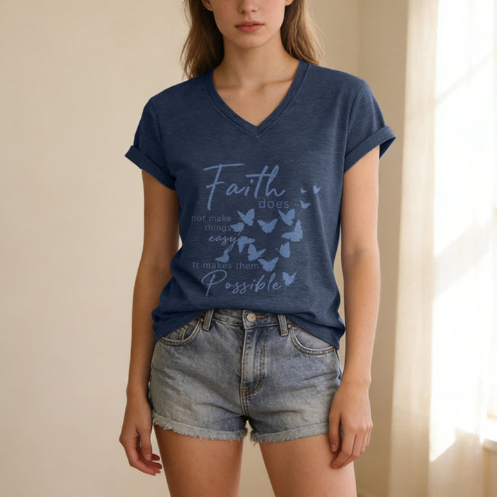 Christianartworkshop La fede non rende le cose facili T-shirt casual con scollo a V e stampa a farfalla. - image 9