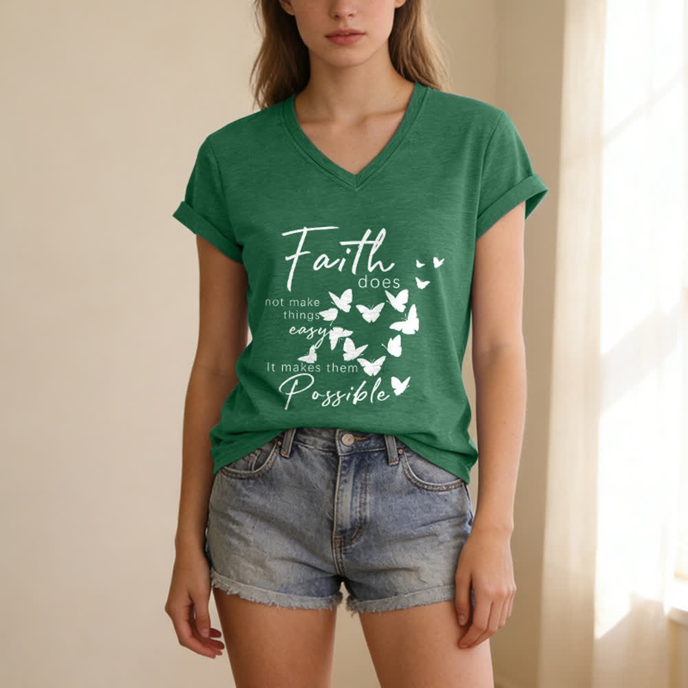 Christianartworkshop La fede non rende le cose facili T-shirt casual con scollo a V e stampa a farfalla. - image 11