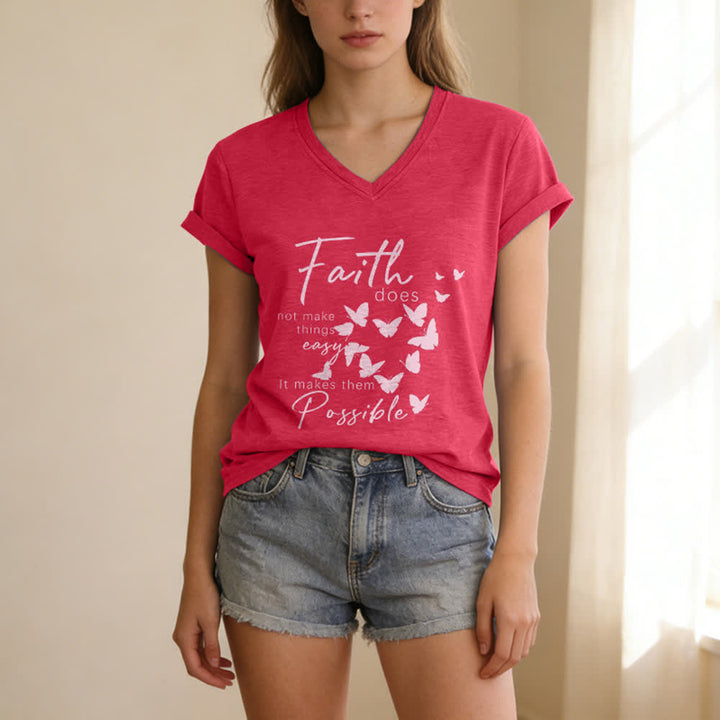 Christianartworkshop La fede non rende le cose facili T-shirt casual con scollo a V e stampa a farfalla. - image 15