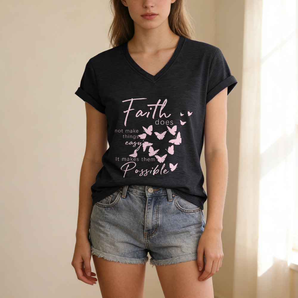 Christianartworkshop La fede non rende le cose facili T-shirt casual con scollo a V e stampa a farfalla. - image 13