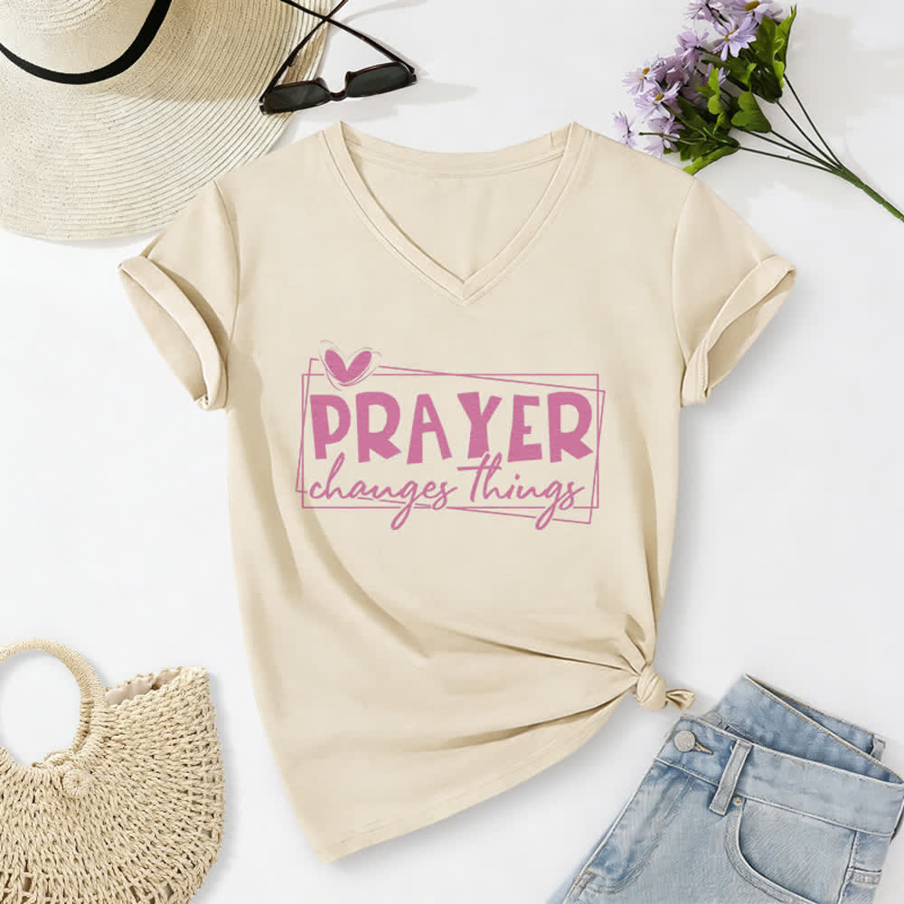 Christianartworkshop Maglietta casual con scollo a V e stampa a cuore "La preghiera cambia le cose". - Beige - 2XL - image 2