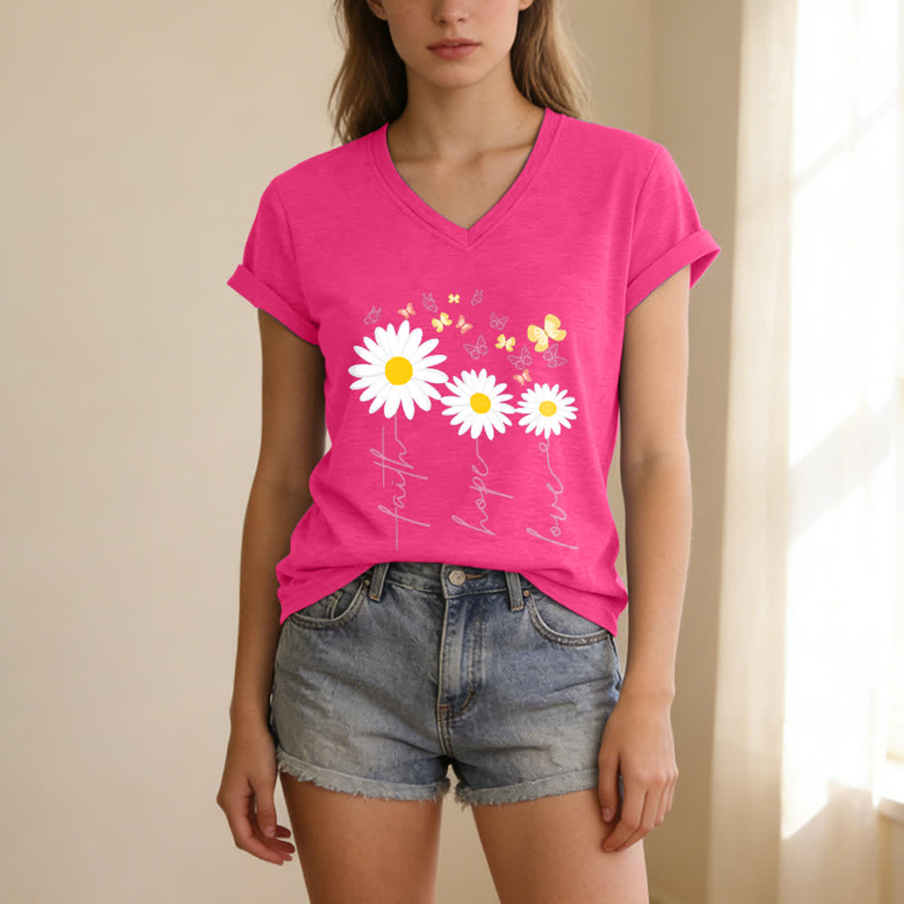 Christianartworkshop T-shirt casual con scollo a V, stampa floreale "Faith Hope Love Daisy Butterfly". - image 23