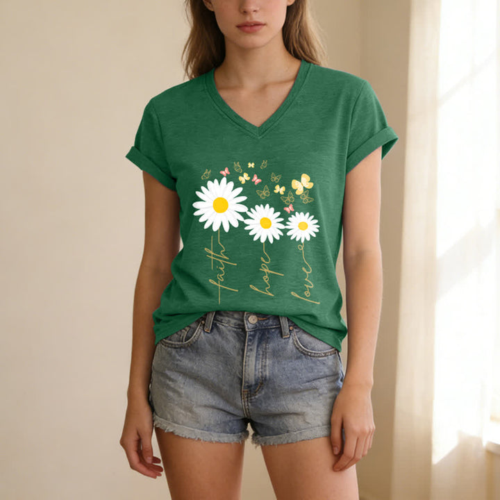 Christianartworkshop T-shirt casual con scollo a V, stampa floreale "Faith Hope Love Daisy Butterfly". - image 13
