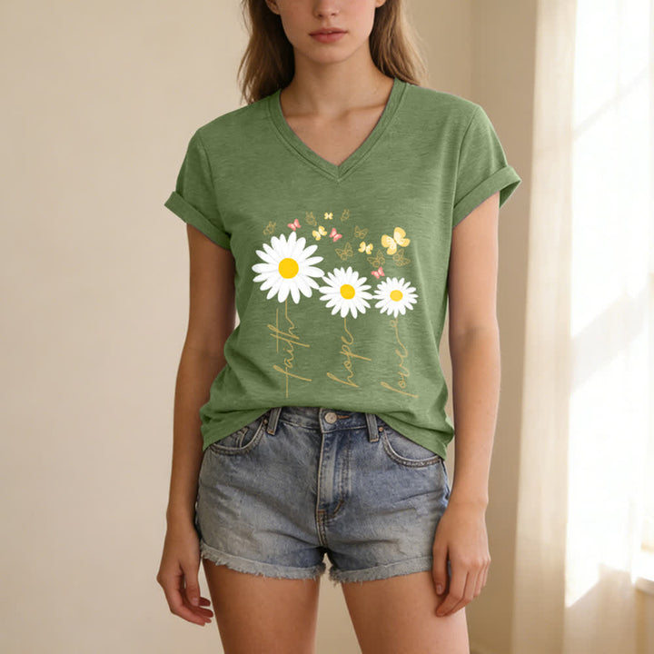 Christianartworkshop T-shirt casual con scollo a V, stampa floreale "Faith Hope Love Daisy Butterfly". - image 9