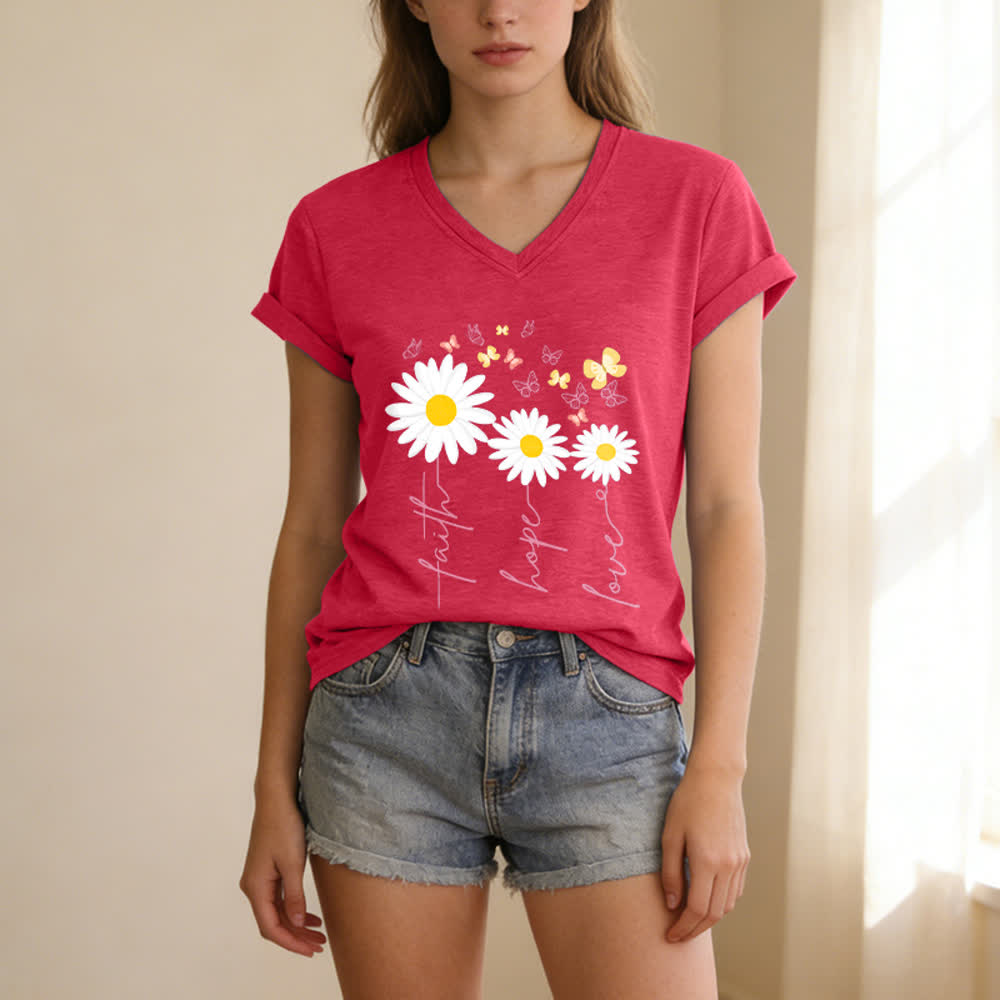 Christianartworkshop T-shirt casual con scollo a V, stampa floreale "Faith Hope Love Daisy Butterfly". - image 17