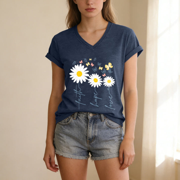 Christianartworkshop T-shirt casual con scollo a V, stampa floreale "Faith Hope Love Daisy Butterfly". - image 11
