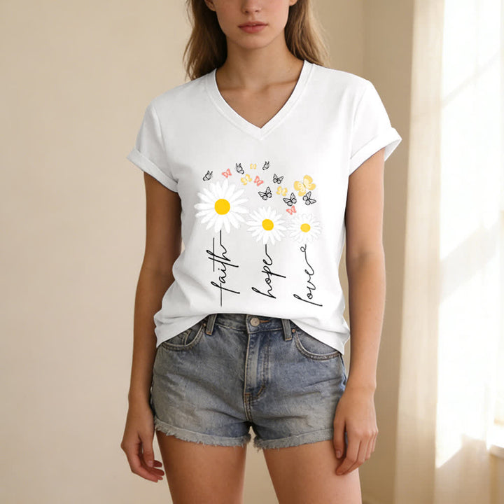 Christianartworkshop T-shirt casual con scollo a V, stampa floreale "Faith Hope Love Daisy Butterfly". - image 5